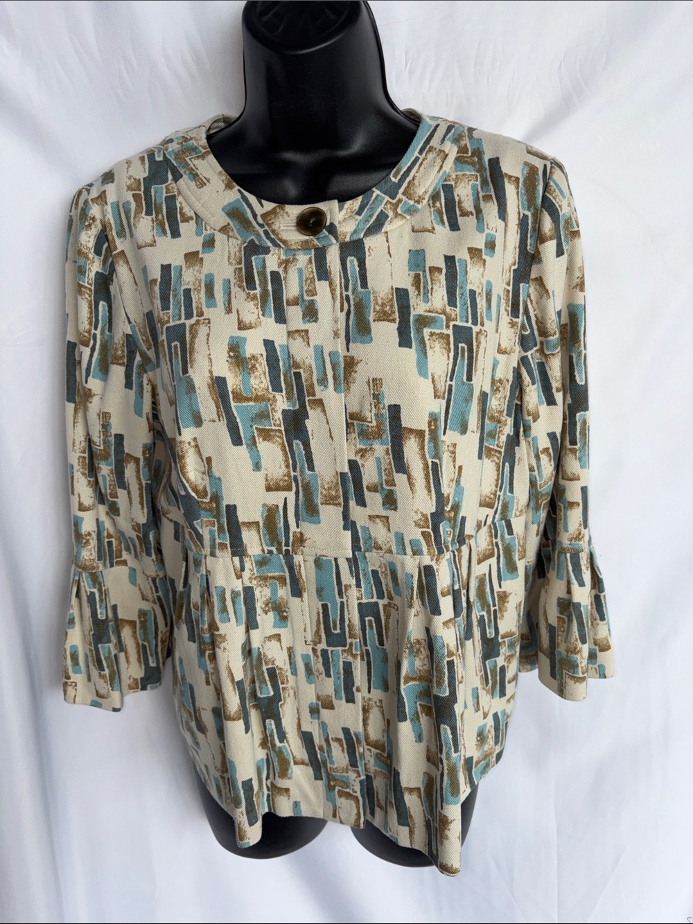 J Jill Jacket Beige Blue Geo Print Silk Blazer Peplum Hem Boho Sz S, NWT $129